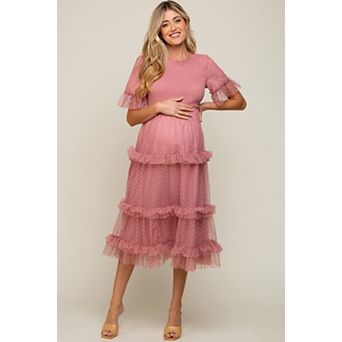 Maternity Polka Dot Tulle Smocked Midi Dress