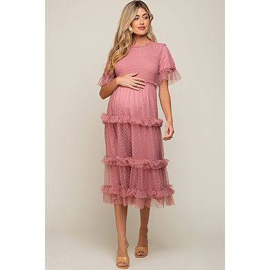 Maternity Polka Dot Tulle Smocked Midi Dress