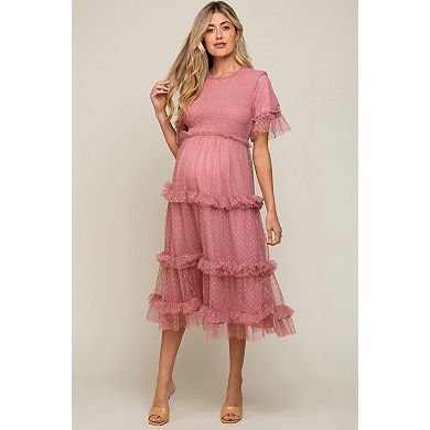 Maternity Polka Dot Tulle Smocked Midi Dress