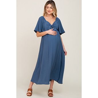 Maternity Blue Textured Dot Front Tie Ruffle Sleeve Midi Dress