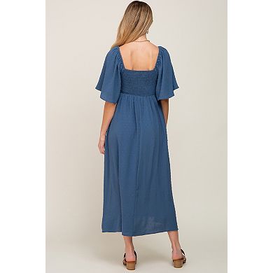 Maternity Blue Textured Dot Front Tie Ruffle Sleeve Midi Dress
