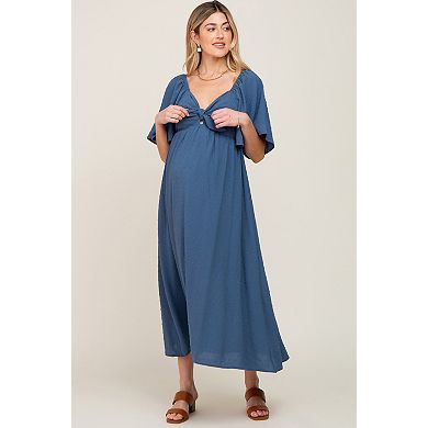Maternity Blue Textured Dot Front Tie Ruffle Sleeve Midi Dress