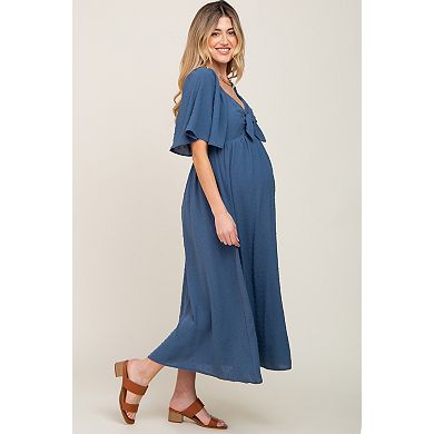 Maternity Blue Textured Dot Front Tie Ruffle Sleeve Midi Dress