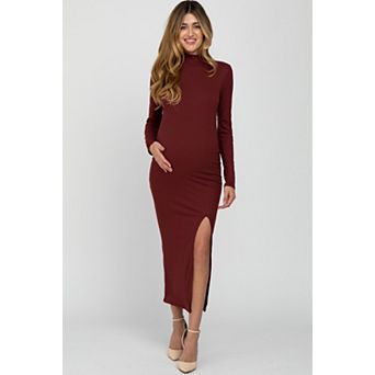 Maternity Ribbed Mock Neck Side Slit Maxi Dress