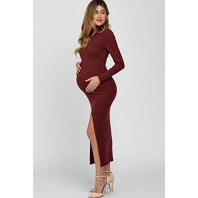 Maternity Ribbed Mock Neck Side Slit Maxi Dress