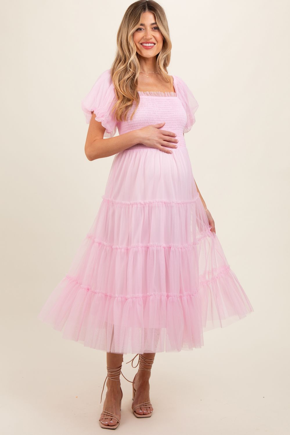 Женские платья Maternity Pink Smocked Tiered Tulle Midi Dress