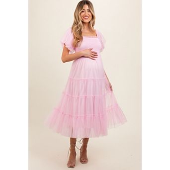 Maternity Pink Smocked Tiered Tulle Midi Dress