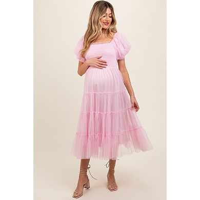Maternity Pink Smocked Tiered Tulle Midi Dress