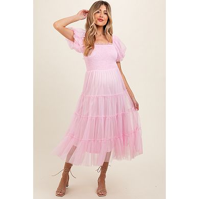 Maternity Pink Smocked Tiered Tulle Midi Dress