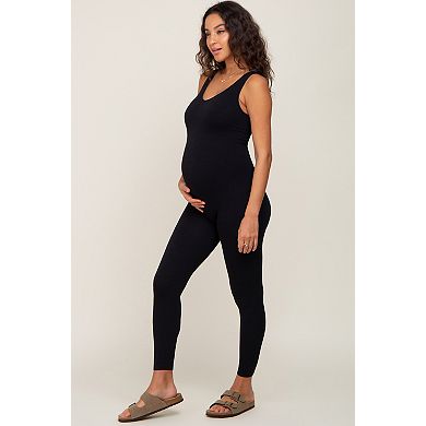 Maternity V-Neck Seamless Ribbed Fitted Jumpsuit