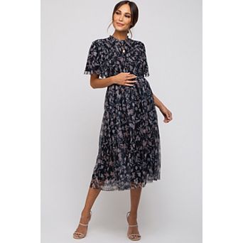 Maternity Floral Smocked Mesh Knit Midi Dress