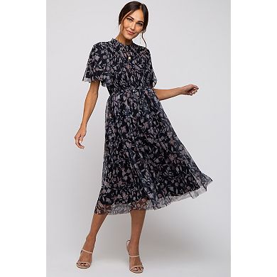 Maternity Floral Smocked Mesh Knit Midi Dress