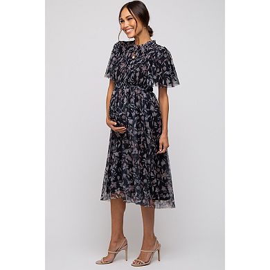Maternity Floral Smocked Mesh Knit Midi Dress
