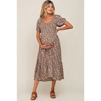 Maternity Floral Smocked Puff Sleeve Midi Dress