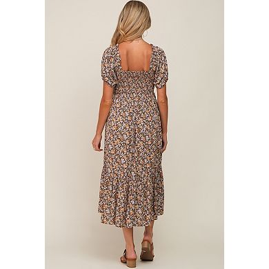 Maternity Floral Smocked Puff Sleeve Midi Dress
