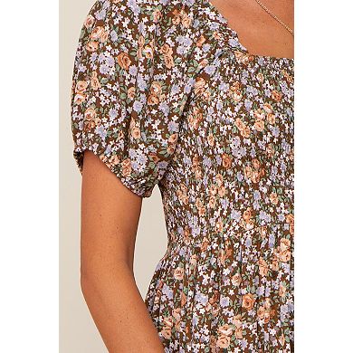 Maternity Floral Smocked Puff Sleeve Midi Dress