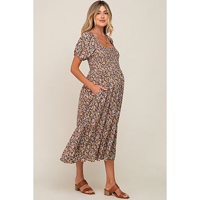 Maternity Floral Smocked Puff Sleeve Midi Dress