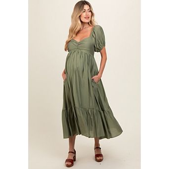 Maternity Ruched Sweetheart Neck Tiered Midi Dress