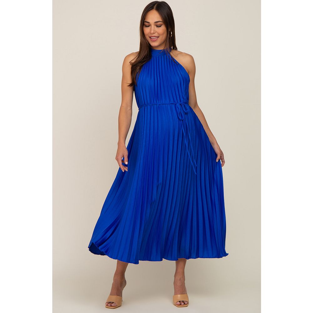 Royal Blue Pleated Maternity Halter Dress