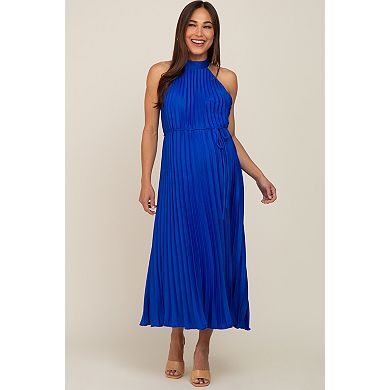 Maternity Blue Pleated Halter Dress
