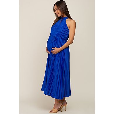 Maternity Blue Pleated Halter Dress
