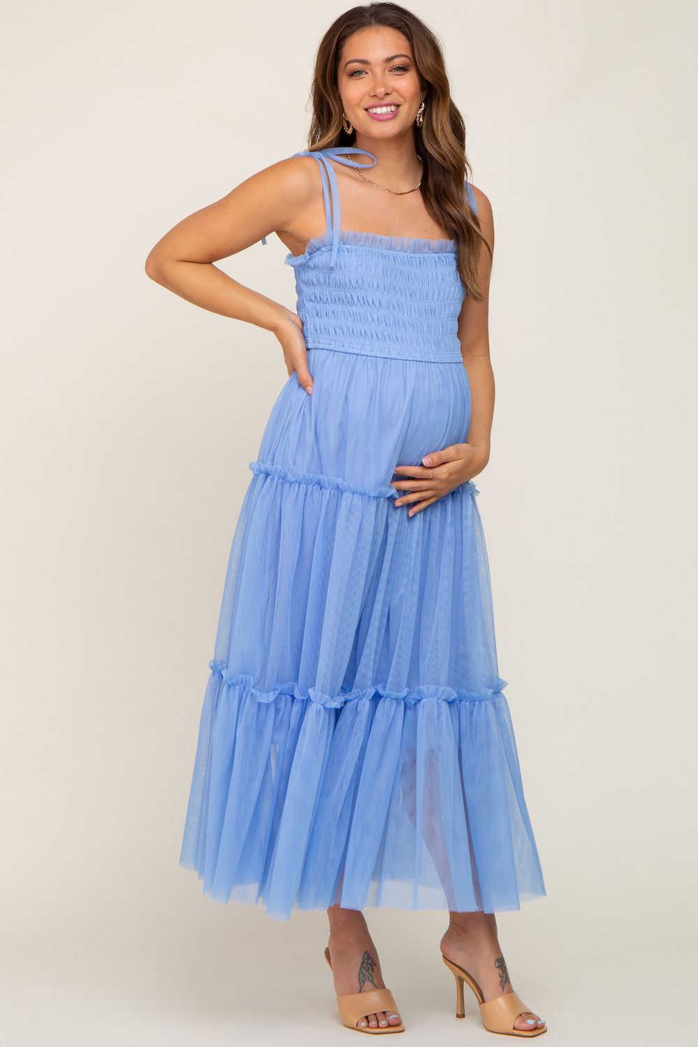 Женские платья Maternity Blue Smocked Mesh Midi Dress