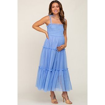 Maternity Blue Smocked Mesh Midi Dress