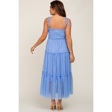 Maternity Blue Smocked Mesh Midi Dress