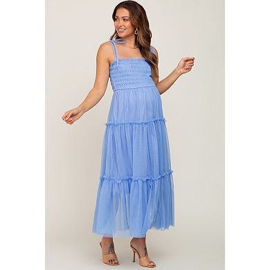Maternity Blue Smocked Mesh Midi Dress