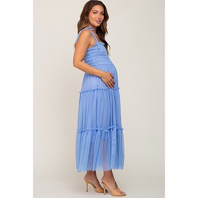 Maternity Blue Smocked Mesh Midi Dress