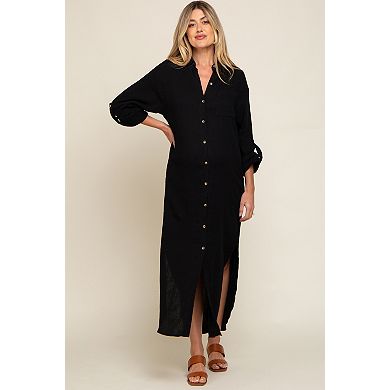 Maternity Button Down 3/4 Sleeve Midi Dress