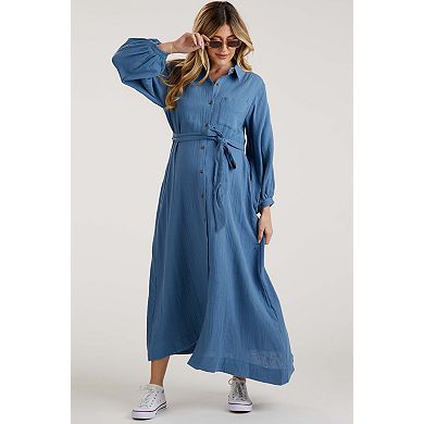 Maternity Gauze Belted Shirt Midi Dress