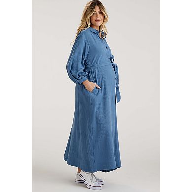 Maternity Gauze Belted Shirt Midi Dress