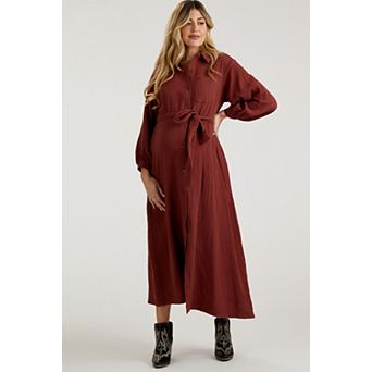Maternity Gauze Belted Shirt Midi Dress