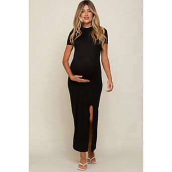 Maternity Mock Neck Front Slit Short Sleeve Maxi Dress