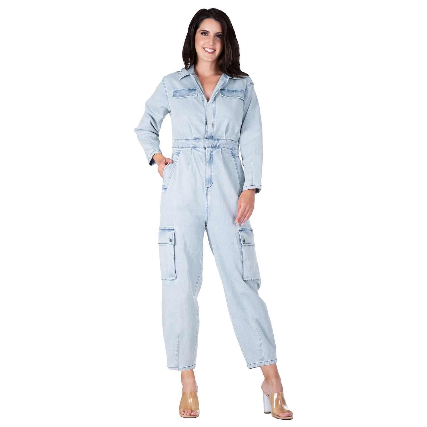 Женские комбинезоны Long Sleeves Denim Cargo Jumpsuit