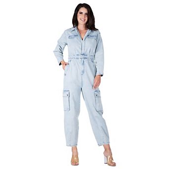 Women's Long Sleeves Denim Cargo Jumpsuit