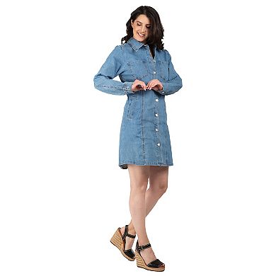 Women's Long Sleeve Denim Mini Shirt Dress