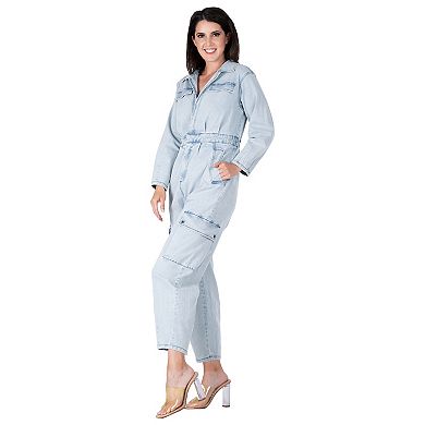 Women's Long Sleeves Denim Cargo Jumpsuit