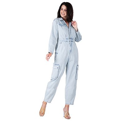 Women's Long Sleeves Denim Cargo Jumpsuit