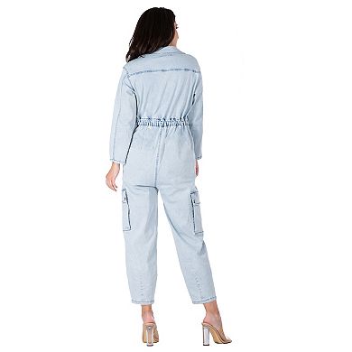 Women's Long Sleeves Denim Cargo Jumpsuit