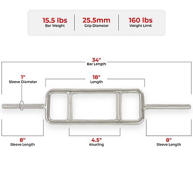 Sunny Health & Fitness 34” Threaded Chrome Tricep Bar with Star-Lock Collars