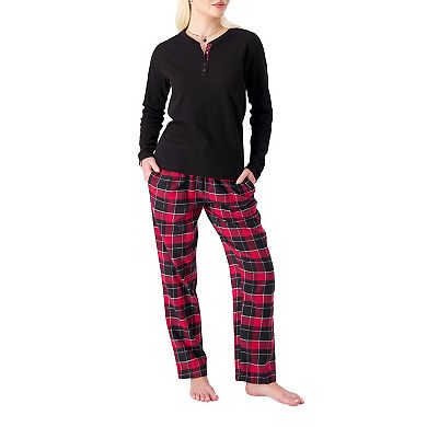 Women's Heat Holders Waffle Henley Pajama Top & Flannel Pajama Pants Set