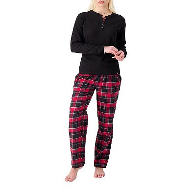 Women's Heat Holders Waffle Henley Pajama Top & Flannel Pajama Pants Set