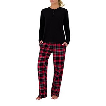 Women's Heat Holders Waffle Henley Pajama Top & Flannel Pajama Pants Set