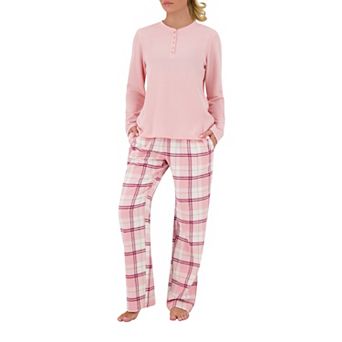 Women's Heat Holders Waffle Henley Pajama Top & Flannel Pajama Pants Set