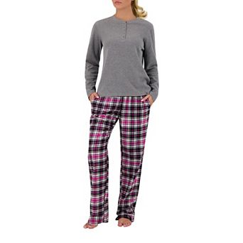 Women's Heat Holders Waffle Henley Pajama Top & Flannel Pajama Pants Set