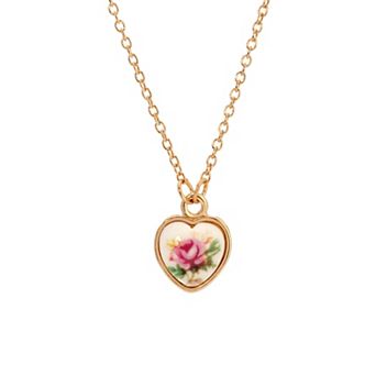 1928 Gold-Tone Flower Decal Heart Pendant Necklace