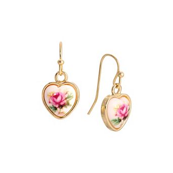 1928 Gold-Tone Flower Decal Heart Wire Earrings