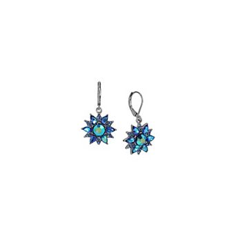 1928 Silver Tone Blue Flower Leverback Earrings